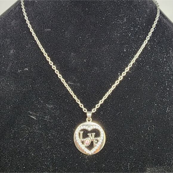 Vintage Heart Necklace Silver Heart Love Necklace Rhinestones Pink Stone Heart - Picture 1 of 8